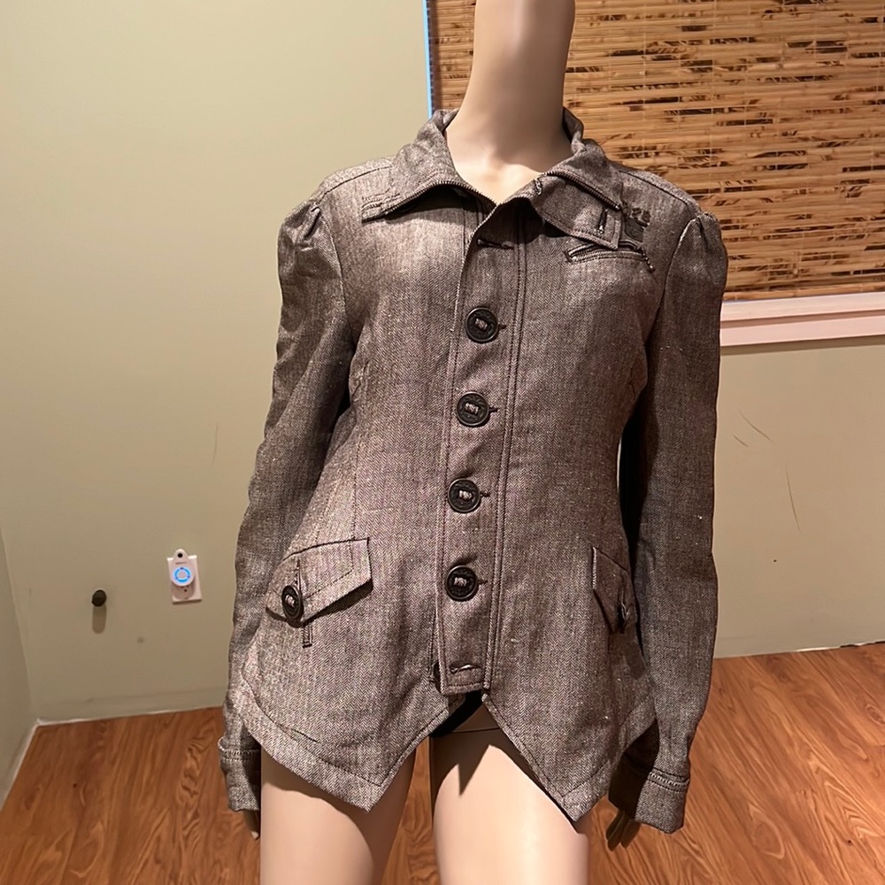 Diesel Vintage Brown & Cream Tweed Jacket With Metal Logo Badge On Top Left XL